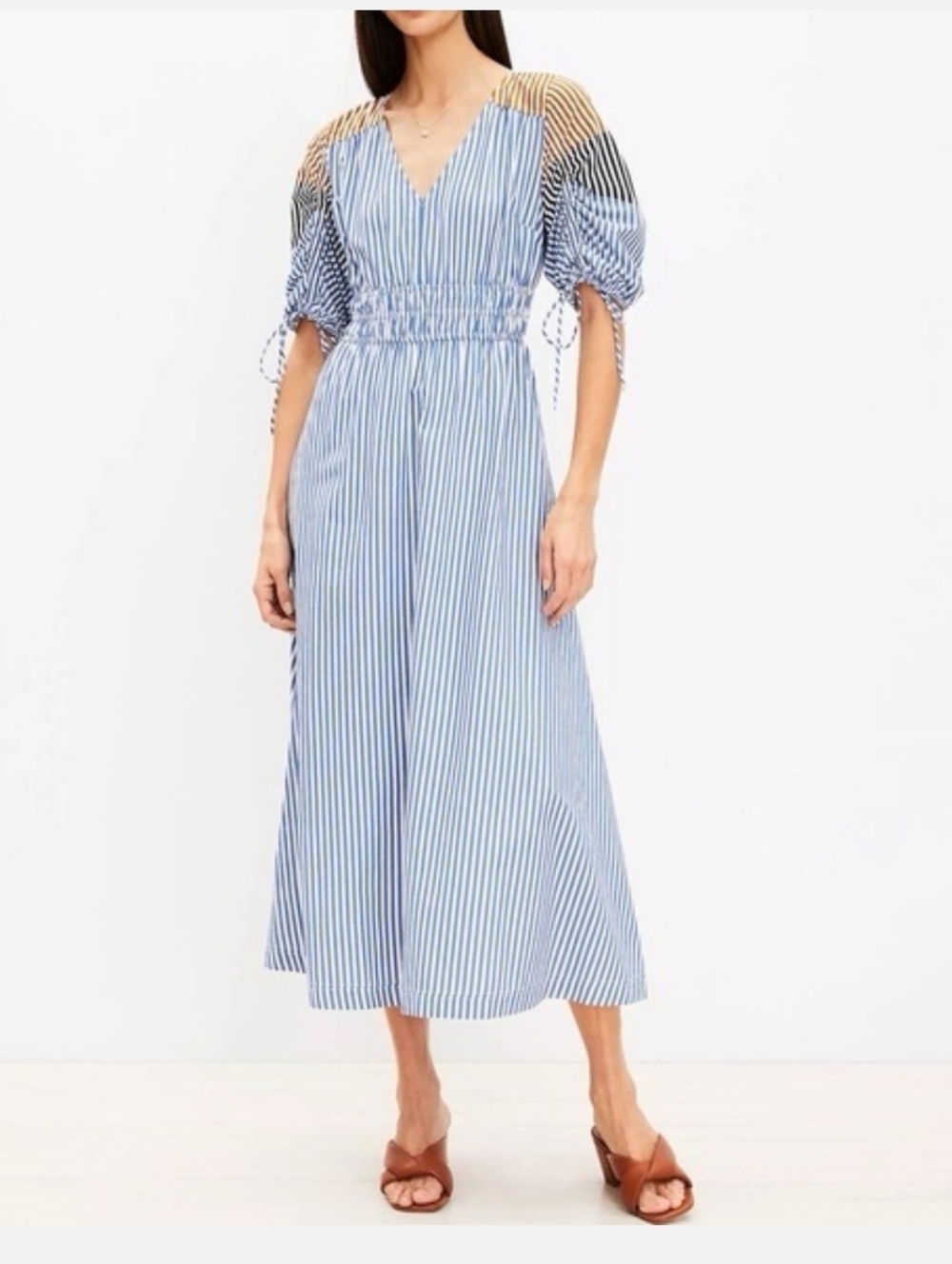 Loft Striped Blue and White Midi Dress with Puff Sleeves